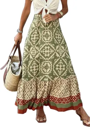yoeasy Women's Printed Pleated Hem Long Skirt Elastic High Waist Flowy Swing A Line Long Skirt