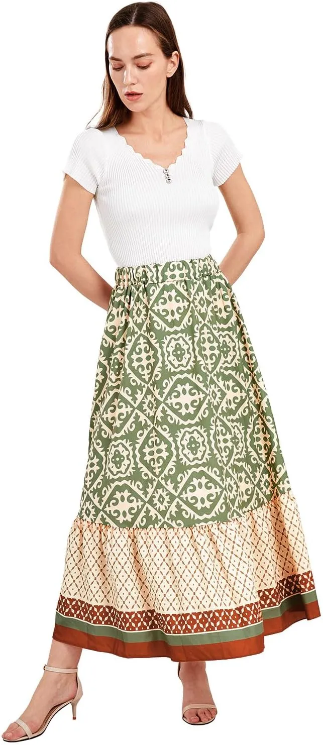 yoeasy Women's Printed Pleated Hem Long Skirt Elastic High Waist Flowy Swing A Line Long Skirt