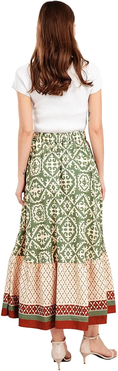 yoeasy Women's Printed Pleated Hem Long Skirt Elastic High Waist Flowy Swing A Line Long Skirt