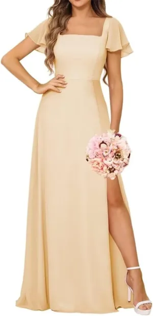 YRGERATON V Neck Chiffon Wedding Bridesmaid Dresses Short Sleeve Formal Evening Prom Princess Ball Gown with Slit JF343