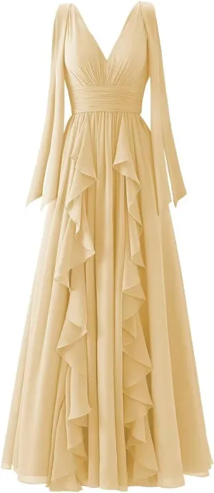 YUAOHUANG Chiffon Ruffle Hem Bridesmaid Dress 2024 V Neck Wedding Guest Dresses Long Spaghetti Straps with Elegant Bow