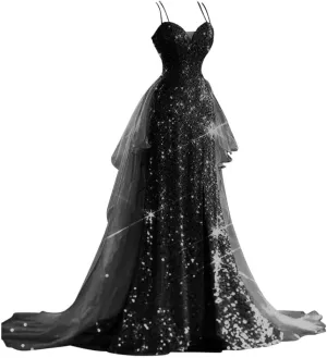 YUAOHUANG Sparkly Sequin Formal Dress for Women Spaghetti Strap Tulle Prom Dresses for Teens with Slit Long Train