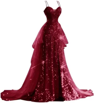 YUAOHUANG Sparkly Sequin Formal Dress for Women Spaghetti Strap Tulle Prom Dresses for Teens with Slit Long Train