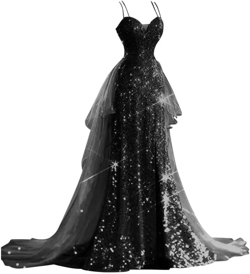 YUAOHUANG Sparkly Sequin Formal Dress for Women Spaghetti Strap Tulle Prom Dresses for Teens with Slit Long Train