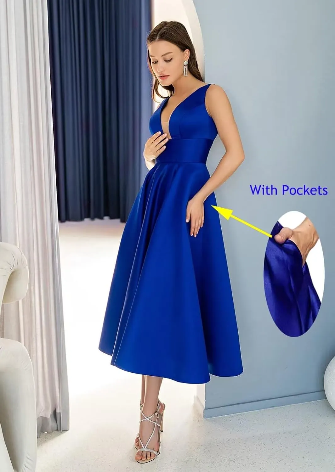 YUAOHUANG V Neck Satin Bridesmaid Dresses for Women Tea Length Pleated Satin Prom Dress with Pockets Formal Evening Gown