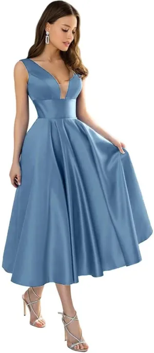 YUAOHUANG V Neck Satin Bridesmaid Dresses for Women Tea Length Pleated Satin Prom Dress with Pockets Formal Evening Gown