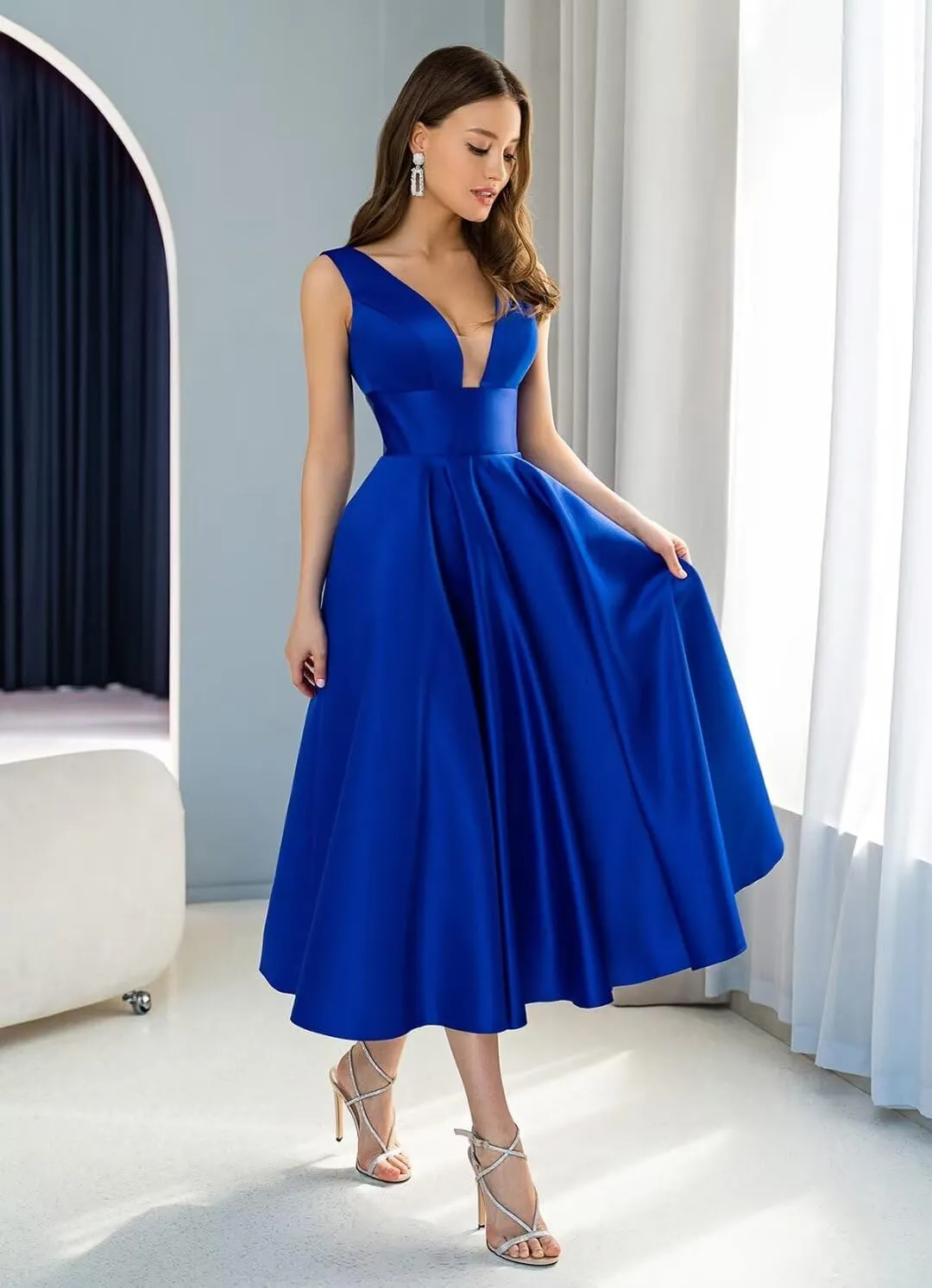 YUAOHUANG V Neck Satin Bridesmaid Dresses for Women Tea Length Pleated Satin Prom Dress with Pockets Formal Evening Gown