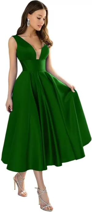 YUAOHUANG V Neck Satin Bridesmaid Dresses for Women Tea Length Pleated Satin Prom Dress with Pockets Formal Evening Gown