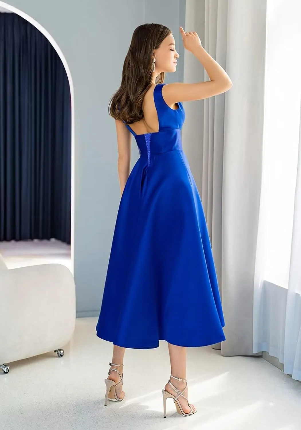 YUAOHUANG V Neck Satin Bridesmaid Dresses for Women Tea Length Pleated Satin Prom Dress with Pockets Formal Evening Gown