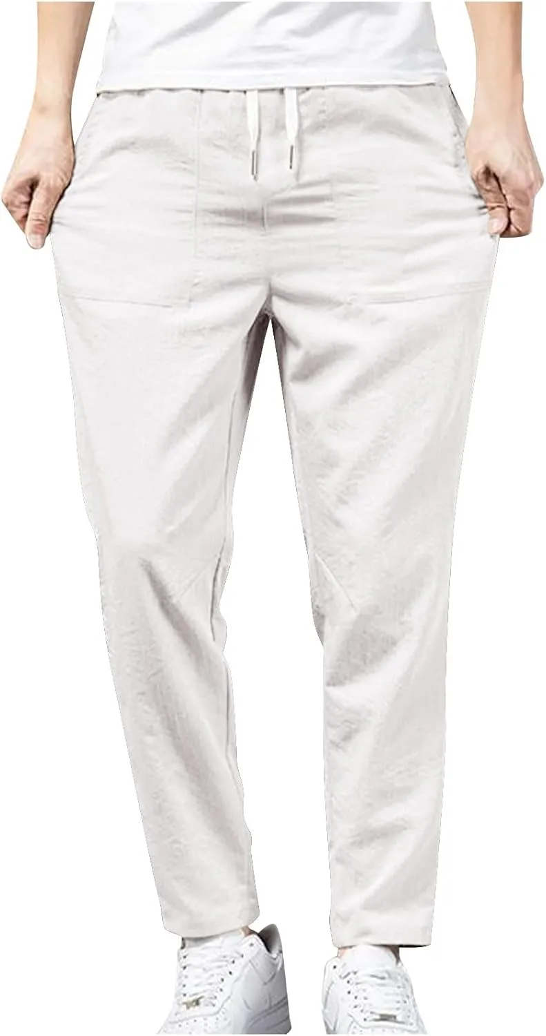 YUHGODO Straight-Leg Pants for Men Elastic Waist Drawstring Lightweight Comfy Trousers Slim-Fit Stretch Golf Pant for Work