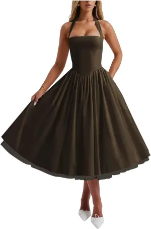 Zepumen Womens Halter Satin Prom Dresses 2025 Tea Length Ball Gowns A-Line Formal Evening Party Gowns