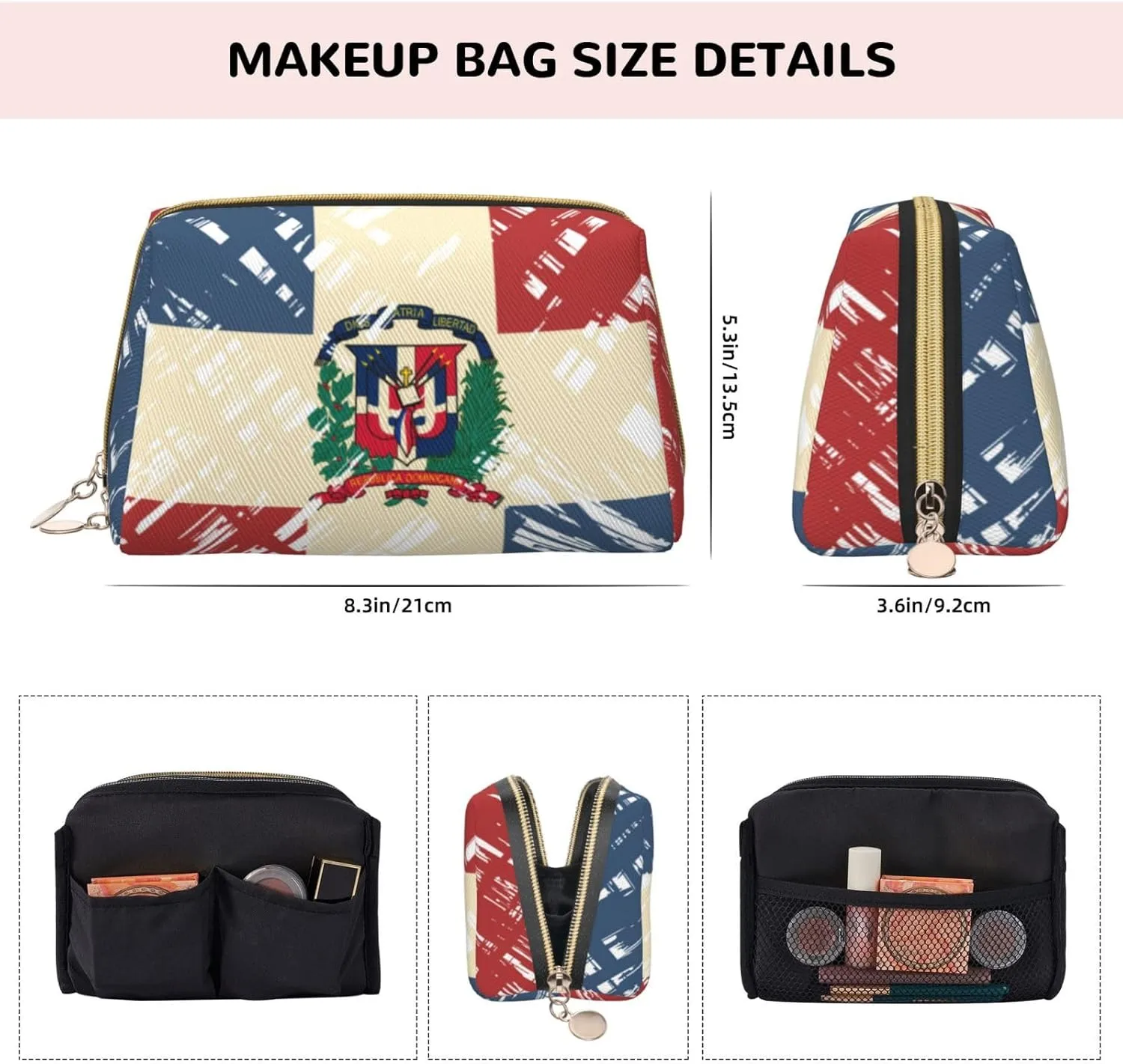 Zippered Carrying Pouch Bag Compatible With Dominican Republic Grunge Flag, Water Resistant Cosmetic Makeup Bag, Leather Cloth Travel Holder, Coin Portable Bag for Men Women Daily Storage